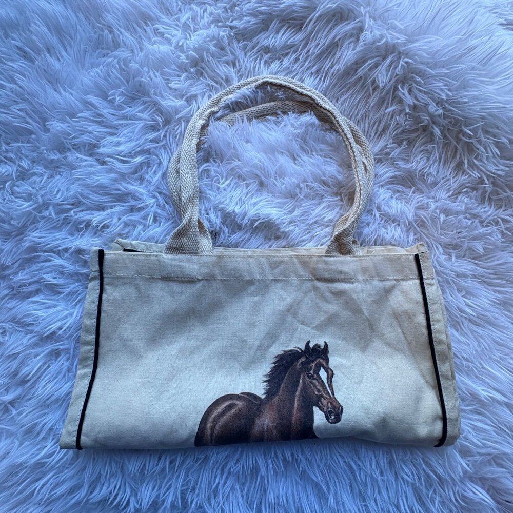 Horse Print Canvas Tote Bag With Woven Handles Beige Eco-Friendly Reusable Shopp - Picture 7 of 9
